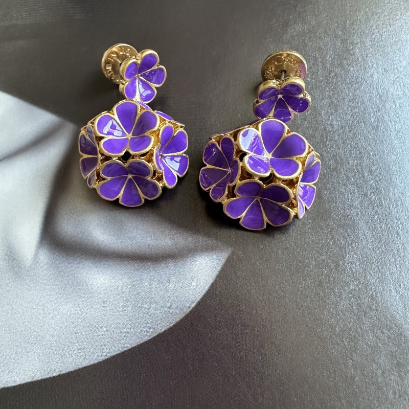 Enamel hydrangea earrings, purple enamel flowers with gold-tone settings