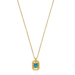 Gold-tone square pendant necklace with faceted blue gemstone