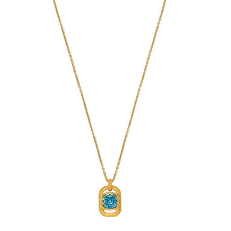 Gold-tone square pendant necklace with faceted blue gemstone