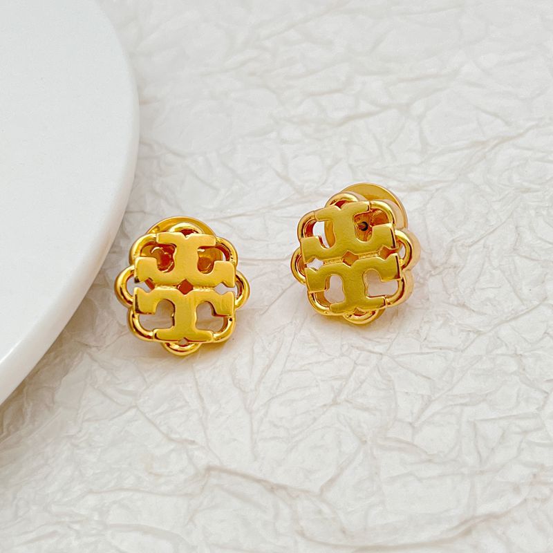 Tory Burch openwork floral logo metal stud earrings, gold-tone with red enamel
