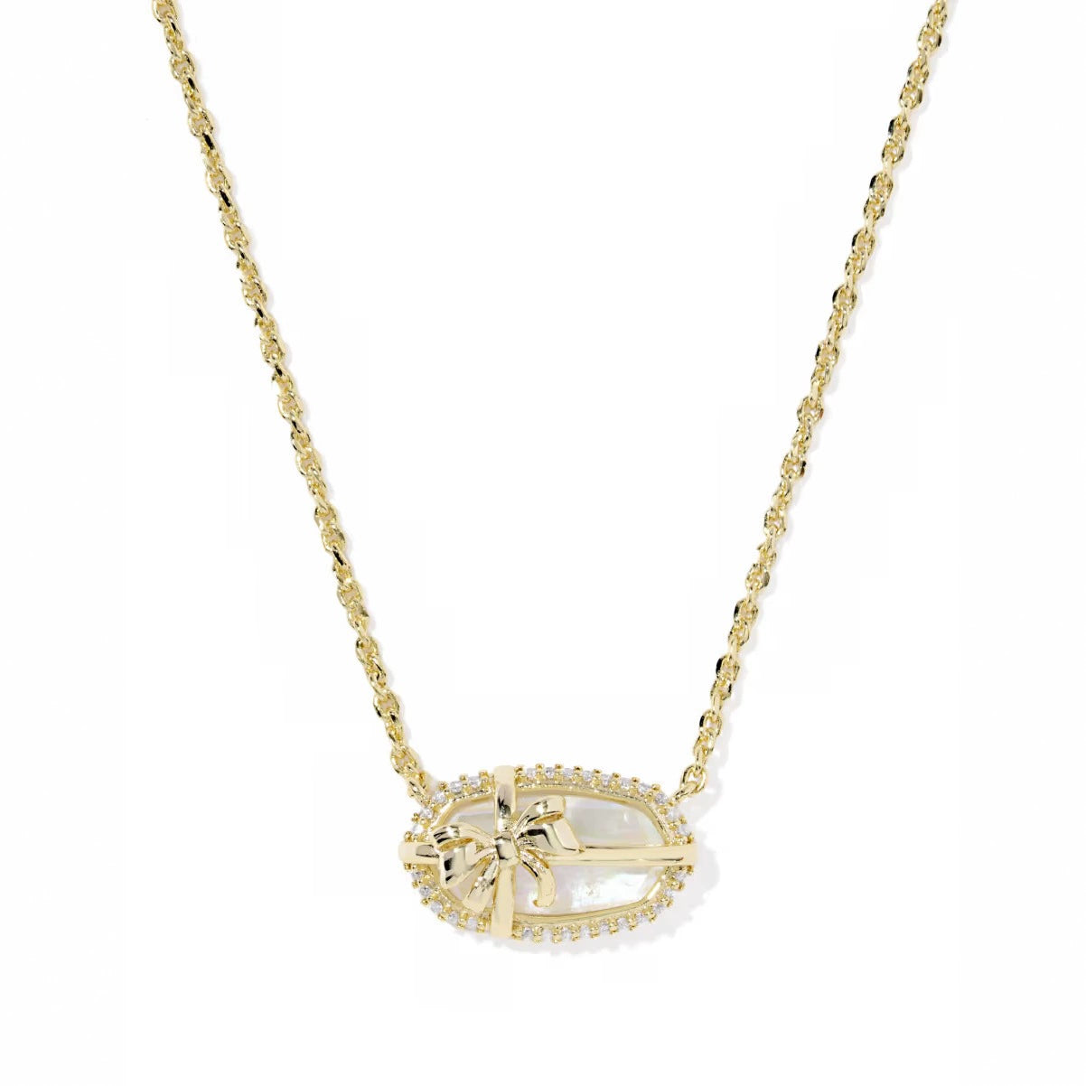 Elisa bow pendant necklace with clear/white center stone, gold chain and pavé frame