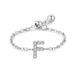 S925 sterling silver adjustable initial ring with chain band and full-pavé letter E