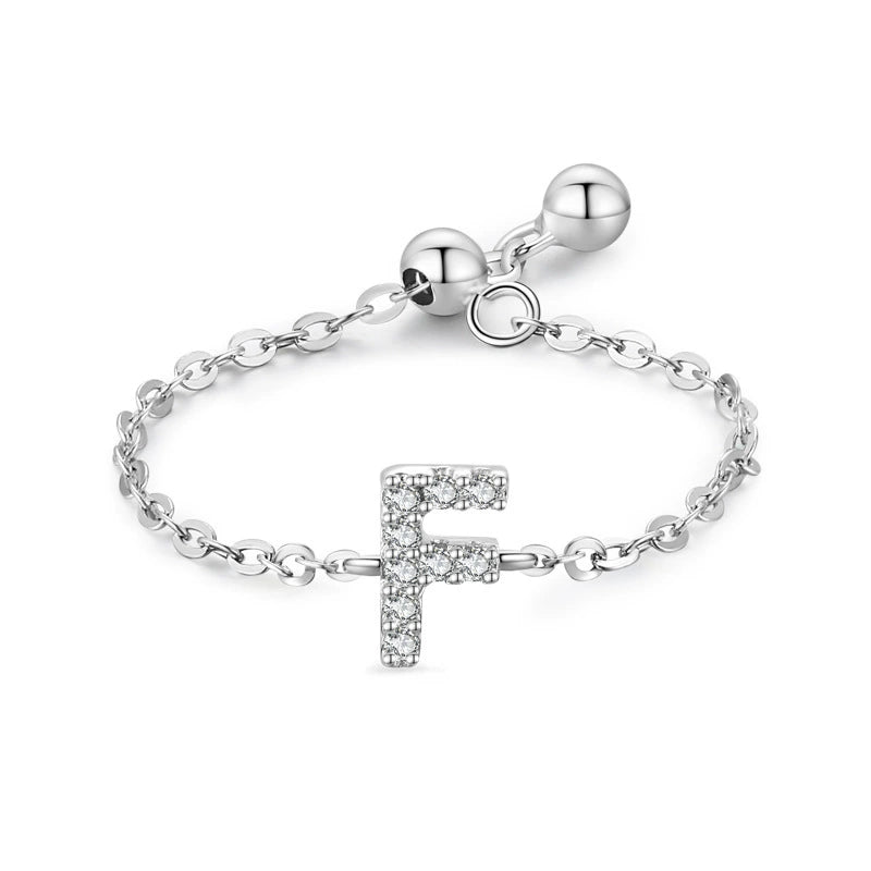 S925 sterling silver adjustable initial ring with chain band and full-pavé letter E