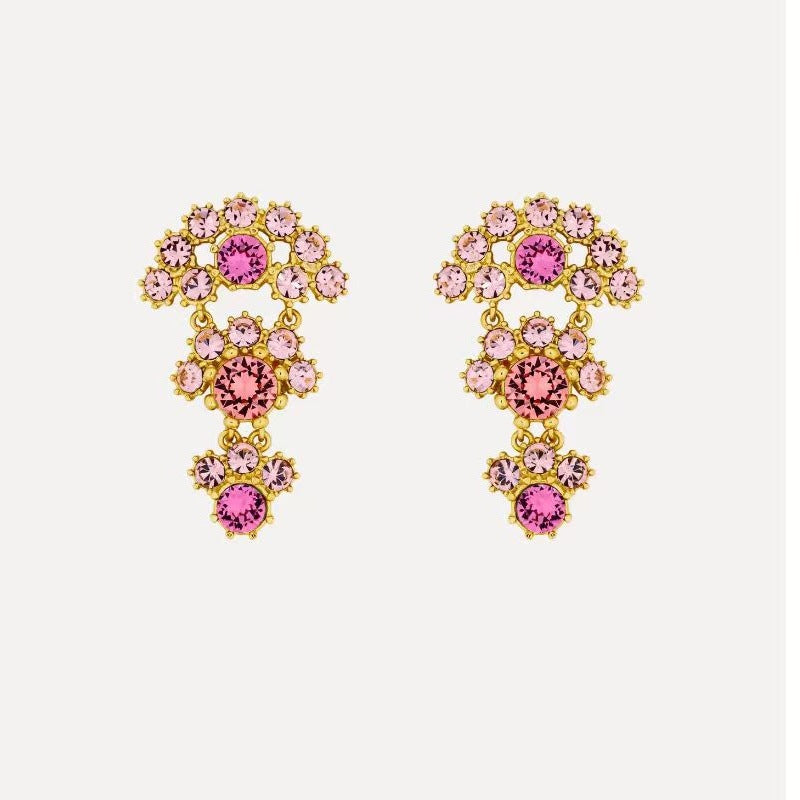 Crystal arched fan-layered stud earrings, rose pink with gold-tone settings