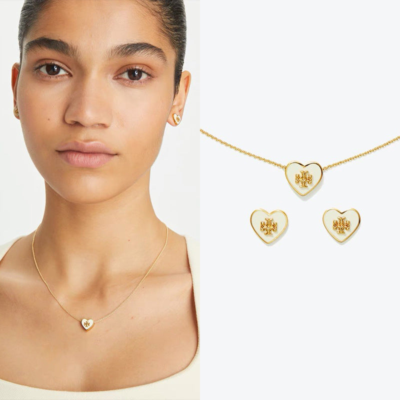 Tory Burch Heart Necklace Earring Set  Logo Enamel Stud Earrings