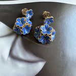 Enamel hydrangea stud earrings, blue flowers with gold-tone border