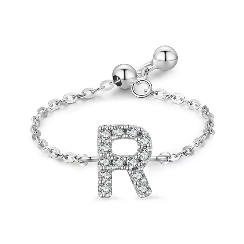 Adjustable sterling silver bracelet with pavé R-shaped initial charm and chain links