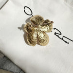 Cherry blossom enamel metal brooch, textured gold petals with crystal center