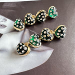 Sweet Vintage Heart Drop Earrings, grüne & schwarze Strass-Herzen, goldfarbene Fassung
