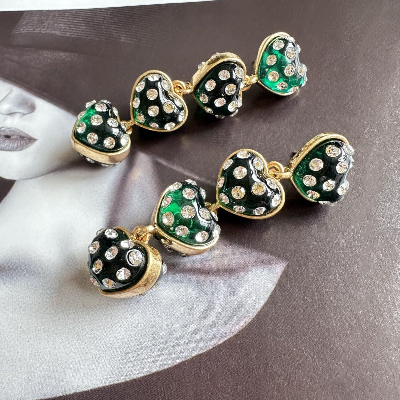 Sweet Vintage Heart Drop Earrings, grüne & schwarze Strass-Herzen, goldfarbene Fassung