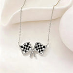 Silver chain necklace with two checkered flag bow pendants