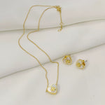 Heart-shaped mother-of-pearl stud earrings and necklace set, gold-tone metal