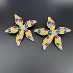 Starfish flower enamel earrings, colorful teardrop spots, gold-tone details