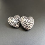 Vintage-print heart stud earrings, vintage silver textured heart fronts