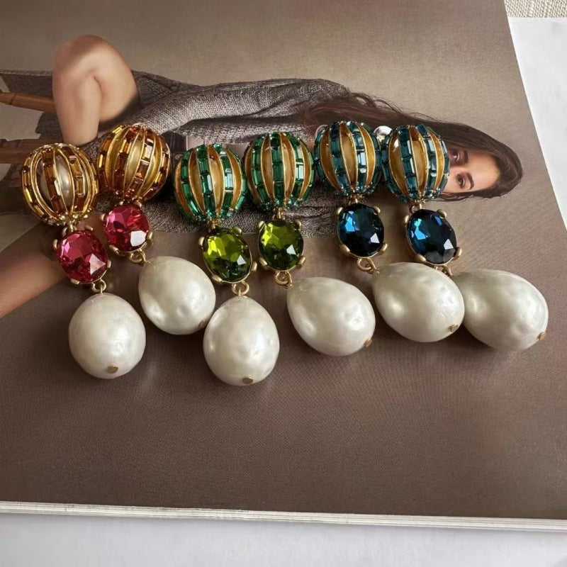 Crystal earrings with faux pearl drops and multicolor stones: red, green, blue