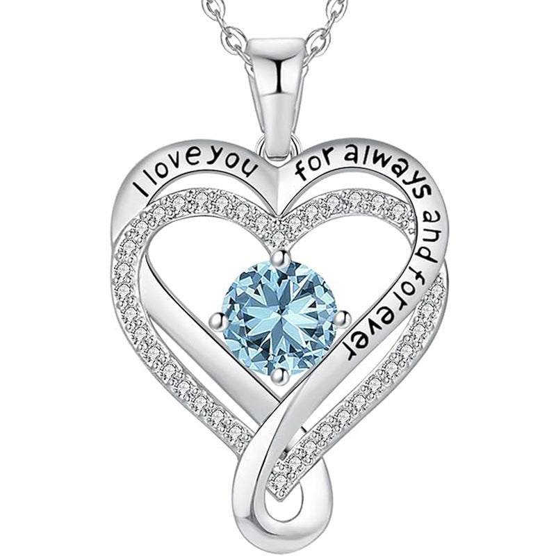 Ewiges Herz Anhänger-Halskette aus S925 Silber mit hellblauem Stein und Ziersteinrand