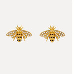 Diamond bee insect earrings, gold-tone with clear crystal wings and enamel body