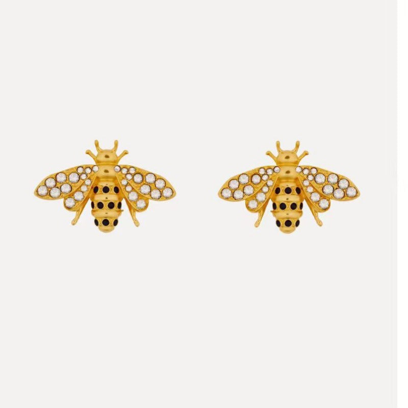 Diamond bee insect earrings, gold-tone with clear crystal wings and enamel body