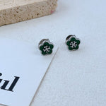 Enamel flower stud earrings, silver-tone with green petals and red motif