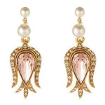 Champagne gold tulip drop earrings with pink pear crystal centers, pearls, and diamond trim