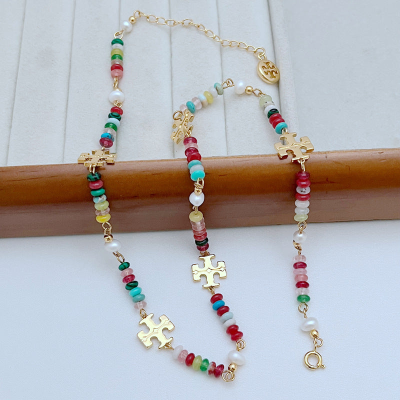 Tory Burch Colored Glass Natural Stone Freshwater Pearl Necklace