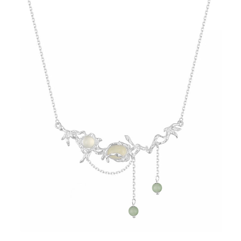 Textured Silver Necklace with Oval and Round Gems

