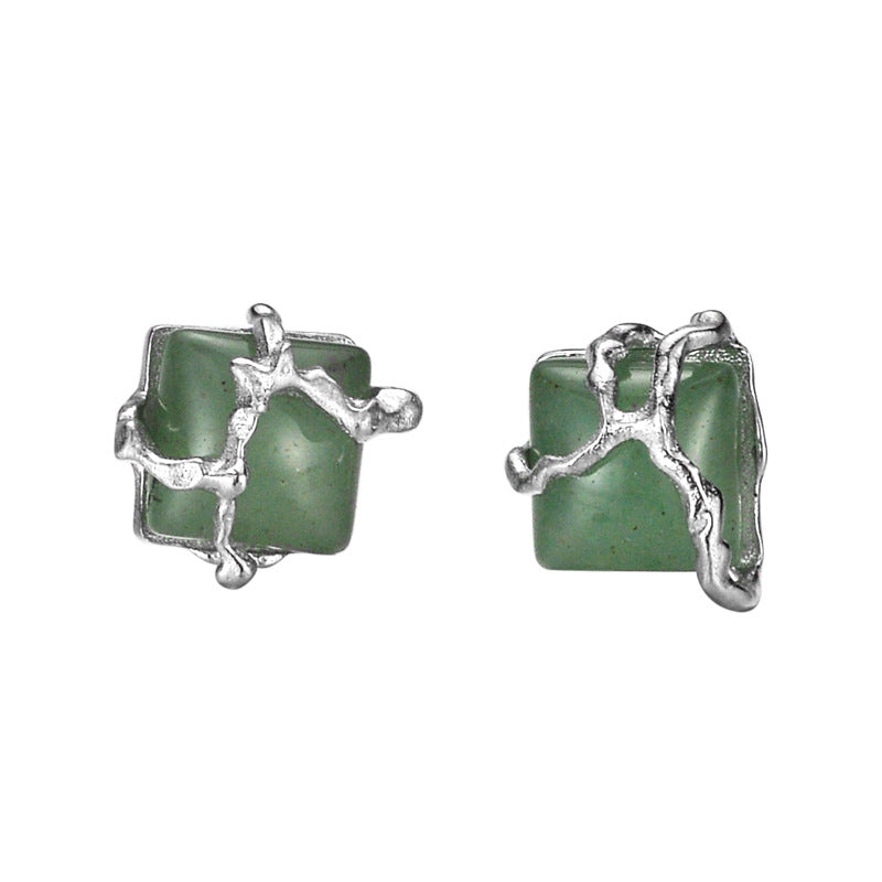 Melted Metal and Aventurine Stud Earrings

