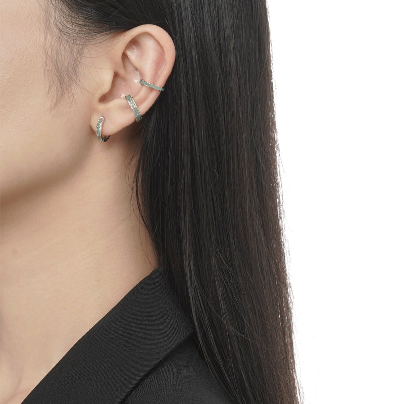 Handcrafted Look Silver Hoops with a Green-Blue Inlay

