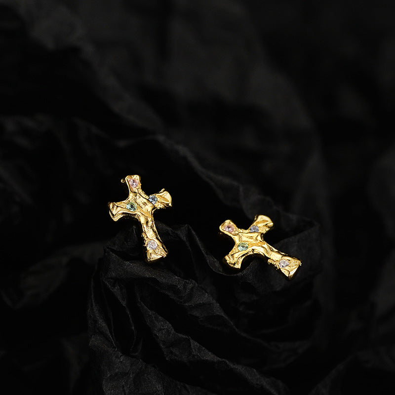 Rustic Silver Cross Studs with Accent Gems

