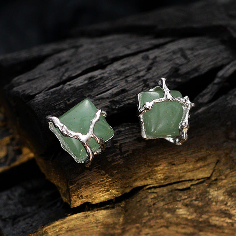 Rustic Silver Studs with Polished Green Stone

