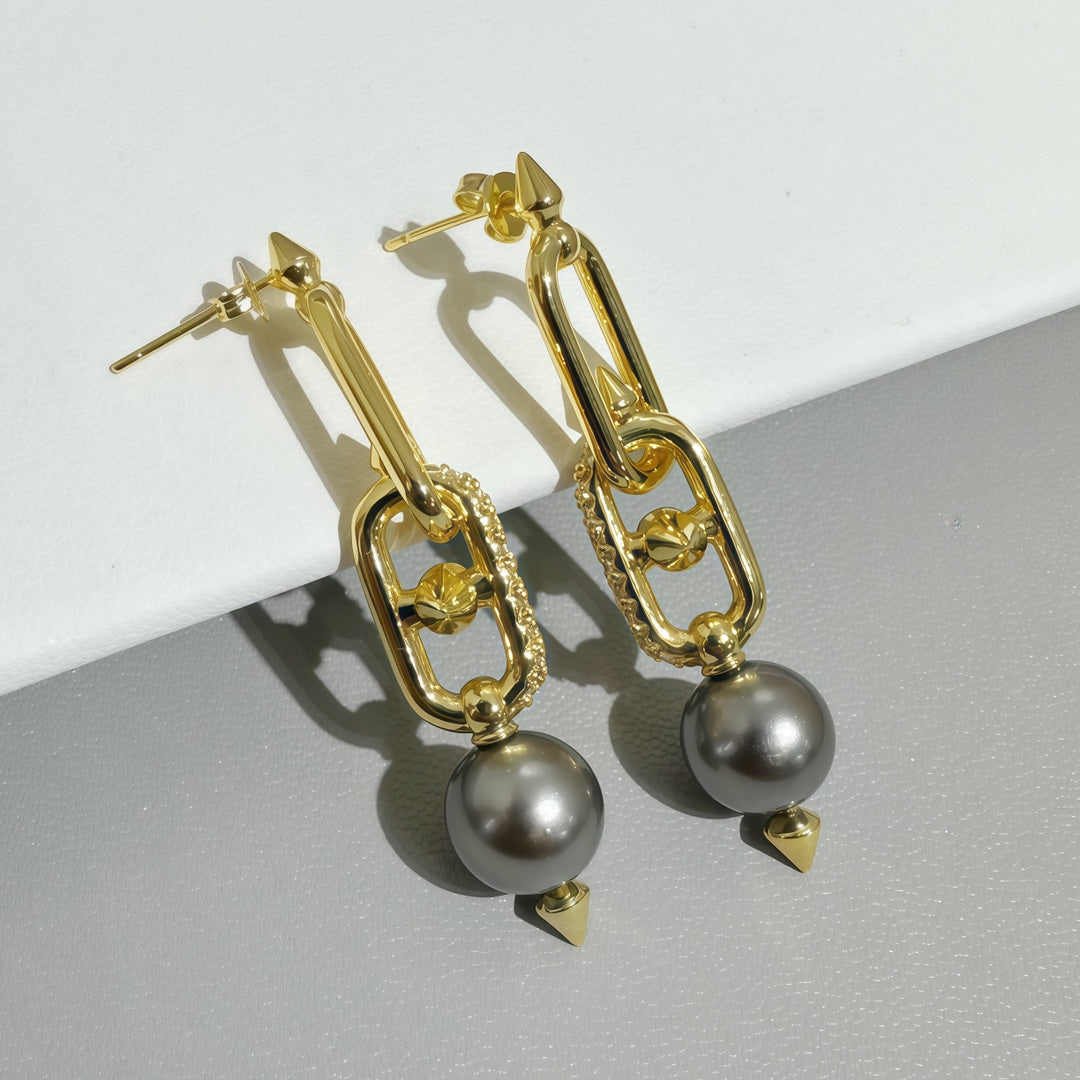 Tiffany Diamond Rivet Pearl Pendant Earrings in gold tone with gray pearls
