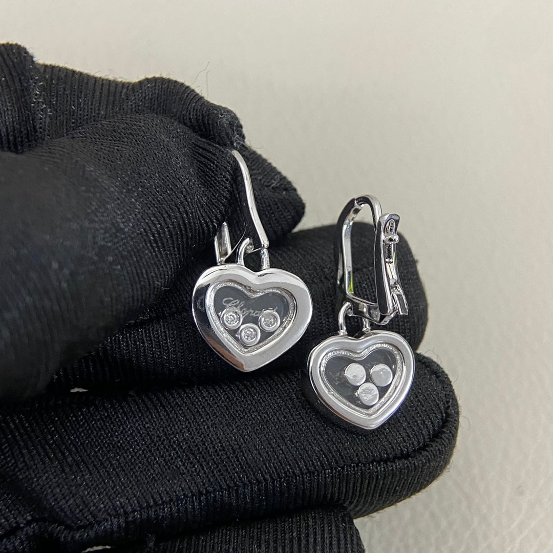 Three-diamond heart earrings in white metal, heart drop with round diamond details