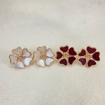 Mother-of-pearl five-heart stud earrings, gold-tone with white and red enamel hearts