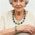 Gold-tone stone necklace and bracelet with turquoise and dark blue round beads worn