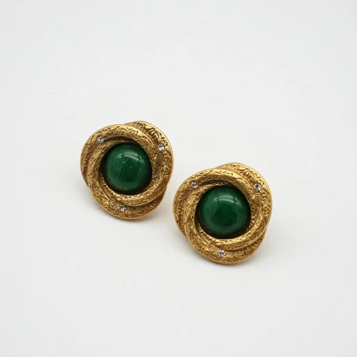 Gold-tone oval stud earrings with dark green cabochon stones and rhinestone halo