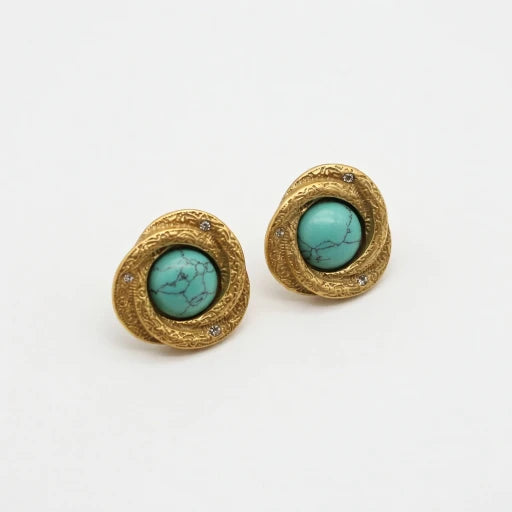 Gold-tone oval stud earrings with turquoise cabochon stones and rhinestone halo