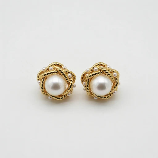 Vintage Round Woven Pearl Stud Earrings