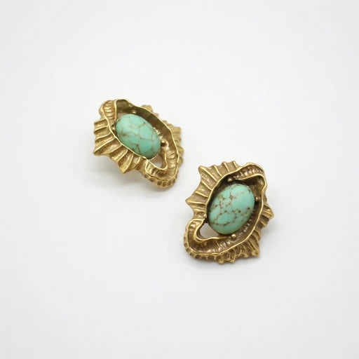 Vintage Distressed Leaf Synthetic Turquoise Earrings