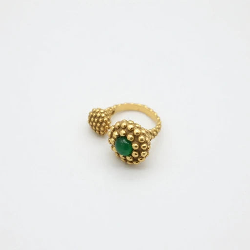 Green cabochon gold-tone ring with round bubble bezel and ridged band
