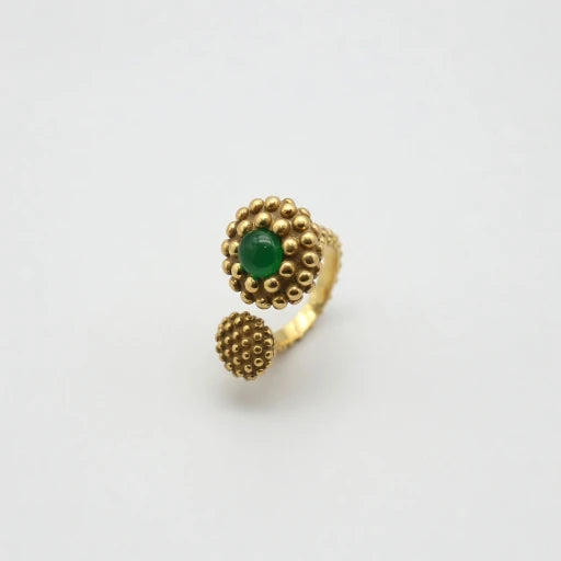 Gold-tone textured ring with oval green stone, raised bubble setting