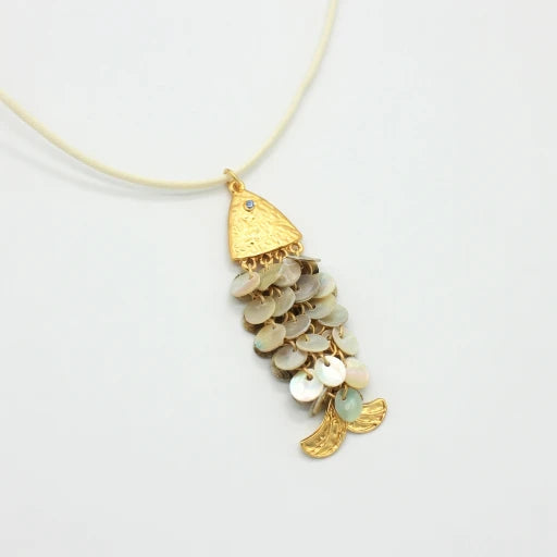 Gold-tone shell disc koi pendant necklace on thin cord chain