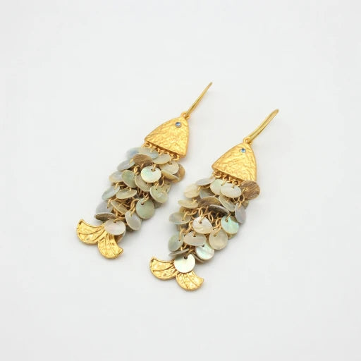 Gold-tone shell disc drop earrings with koi charm and fishhook backs