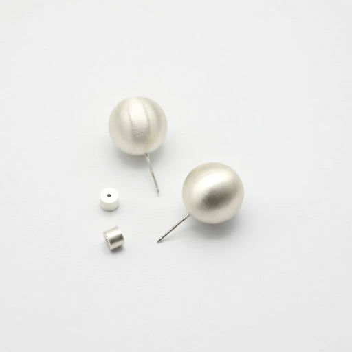Silver ball stud earrings, round brushed finish with visible push-back and post