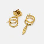 Gold hoop earrings with bullet pendant and square filigree top charm, asymmetrical pair