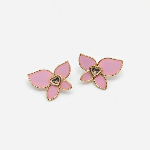 Butterfly enamel earrings with mother-of-pearl heart center, pink petals