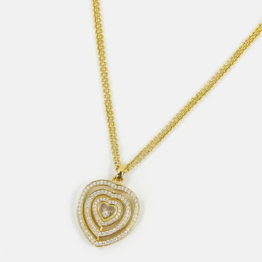 Gold heart pendant necklace with triple diamond heart halo and chain