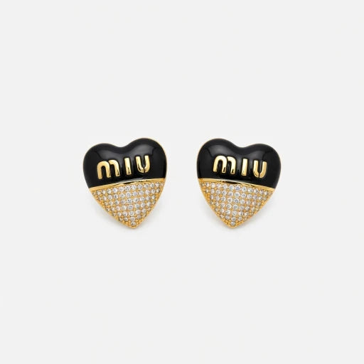 Miu Miu heart-shaped enamel earrings, black and gold with rhinestone lower half