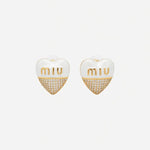 Miu Miu heart-shaped enamel earrings with gold-tone logo and pavé lower half