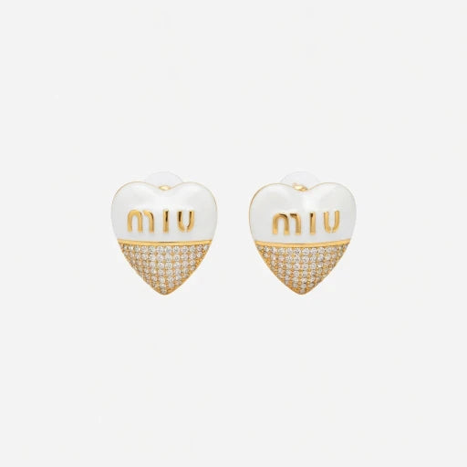 Miu Miu heart-shaped enamel earrings with gold-tone logo and pavé lower half