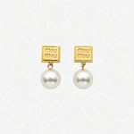 Gold Miu Miu square tag pearl drop earrings with hanging white pearls